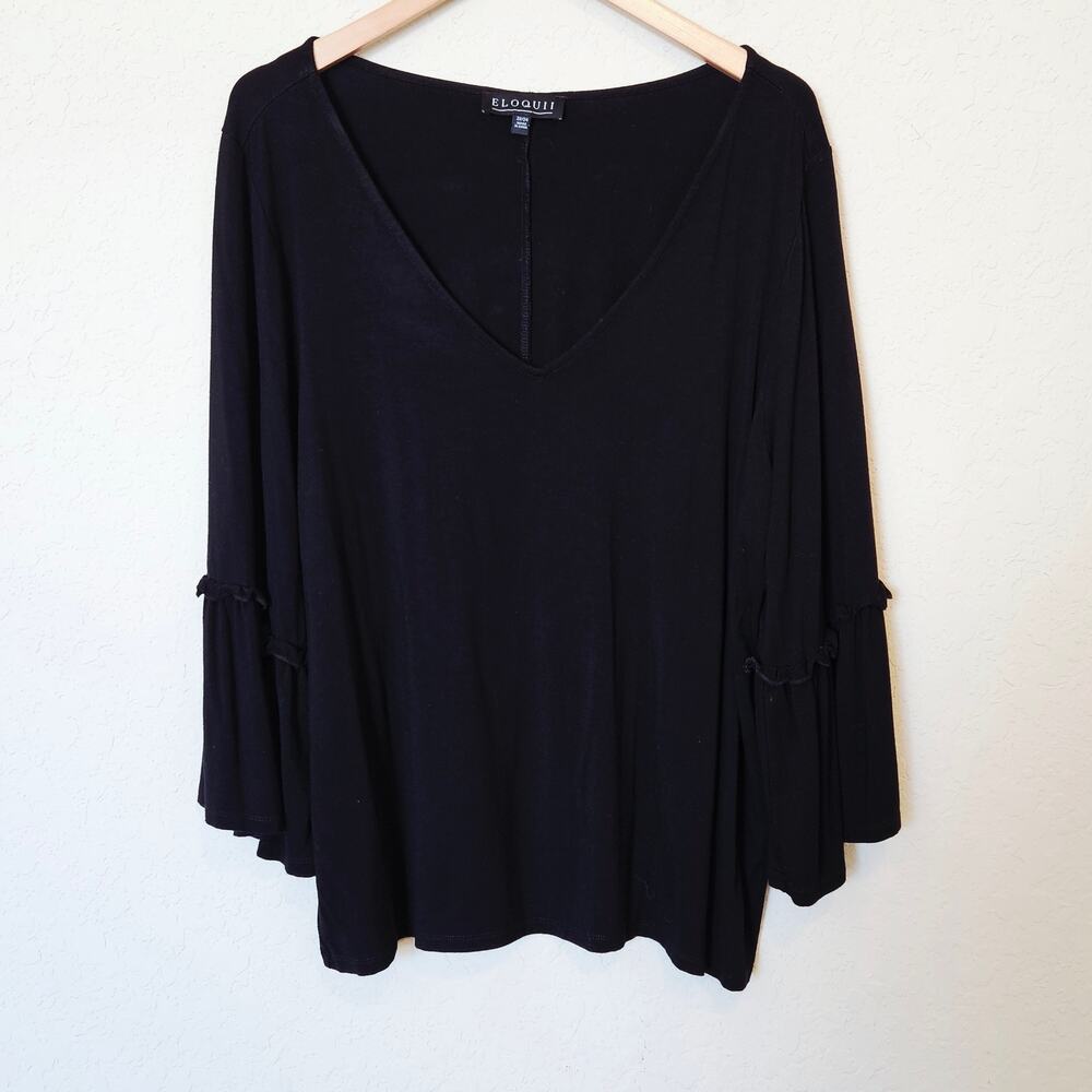 Eloquii Flared Sleeve V-Neck Top Blouse Black‎ Plus Size 22/24 Casual Everyday